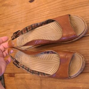 Crocs A Leigh Tan Cork-heeled Slingback Wedged Sandals, Size 9